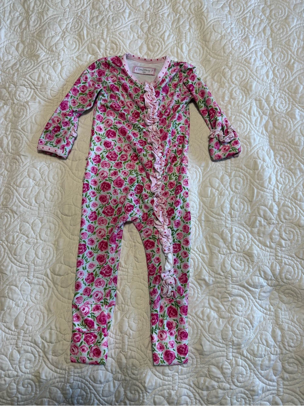 SweetHoney Pink roses Floral baby girls Ruffle Zippered One-Piece